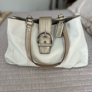Coach Cream Leather Satchel with Metallic Taupe Trim